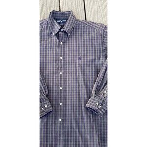 Ralph Lauren Yarmouth Oxford Shirt Green Purple Plaid 16 32/33 90's USA